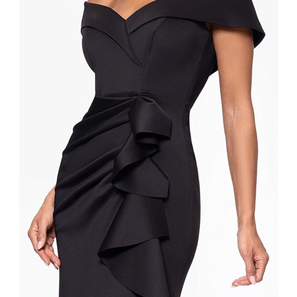 Xscape Black Off-Shoulder Cap Sleeve Cocktail Gown